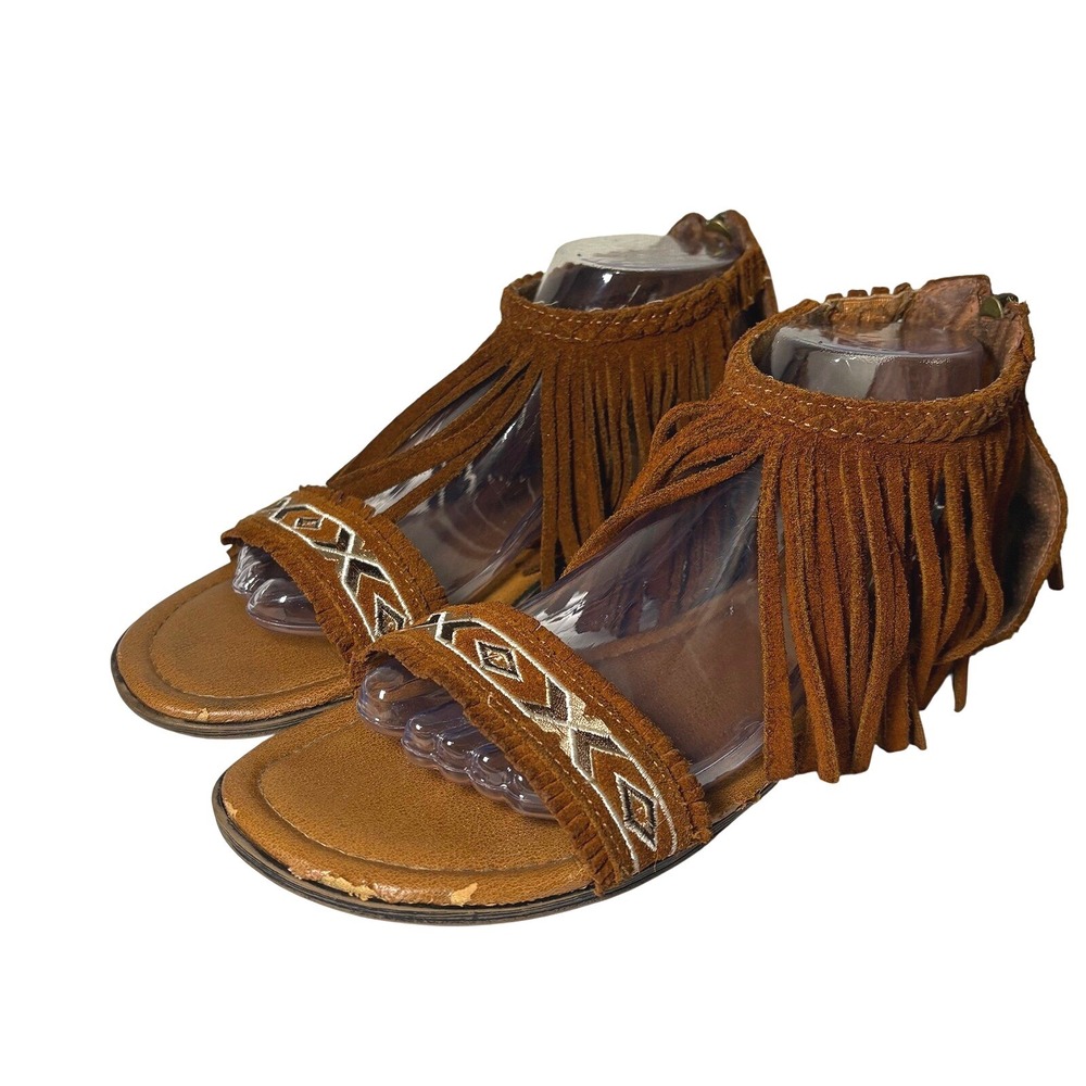 Boho Fringe Embroidered Flat Sandals Cognac Brown Southwestern Festival Shoes